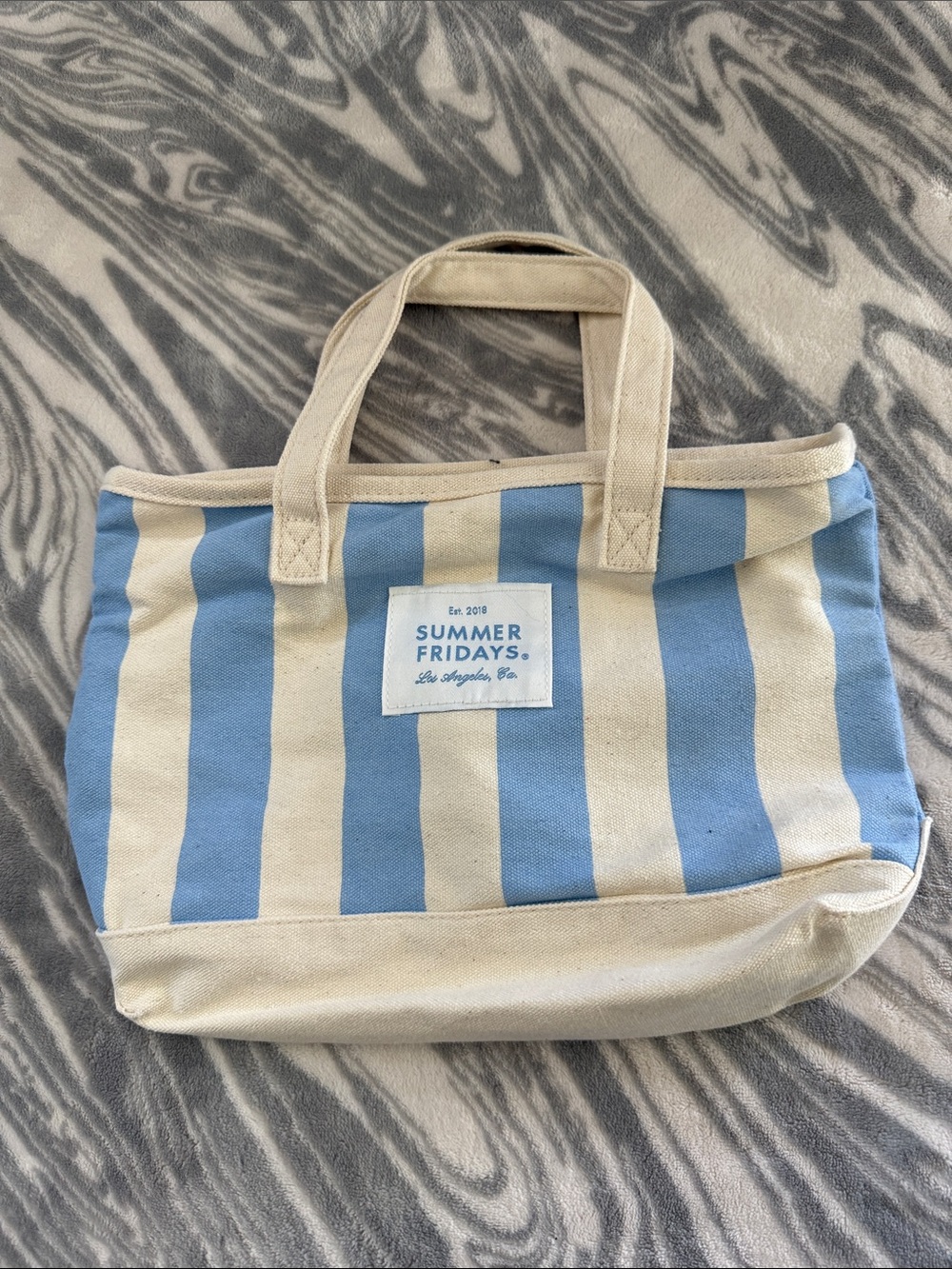 Summer Fridays Light Blue & Cream Striped Tote Bag mini sized